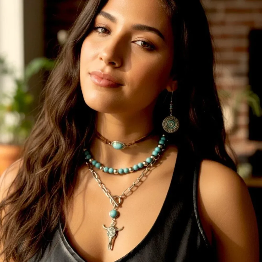 Western Turquoise Layered Necklace Set Cowgirl Cow Skull NWT
